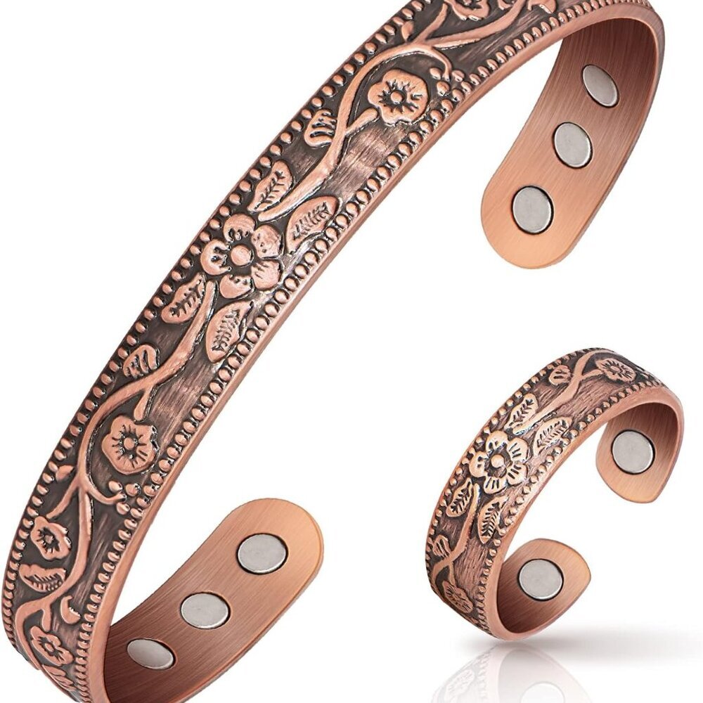 Lymphatic Drainage Ring & Copper Bracelet for Women, Magnetic Lymph Detox Ring a